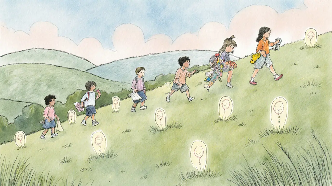 Děti stoupají po kopci s jasnými značkami představujícími pokrok.