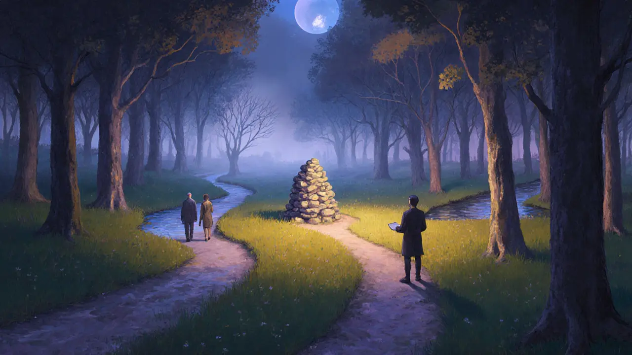 Lesní rozcestí s třemi cestami: společná terapie, samostatná cesta, řeka.