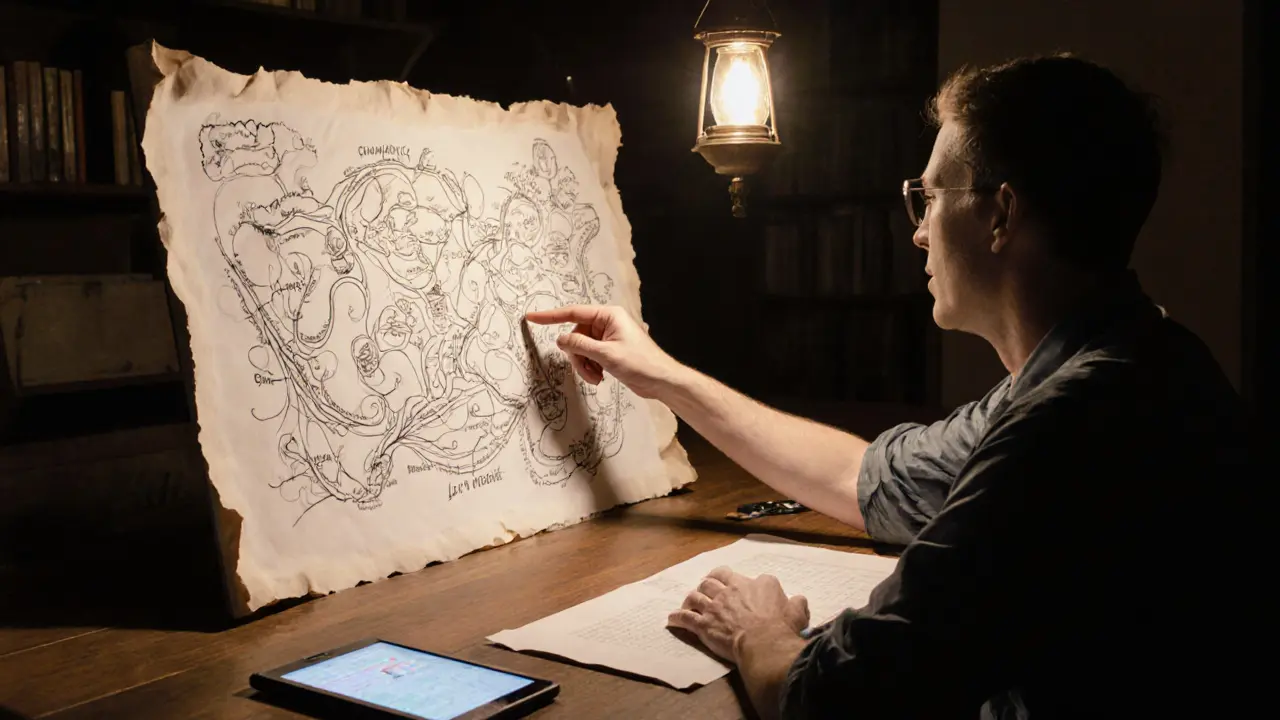 Mapa vztahových dynamik na pergamenu, klient ukazuje na symboly, vedle tabletu.