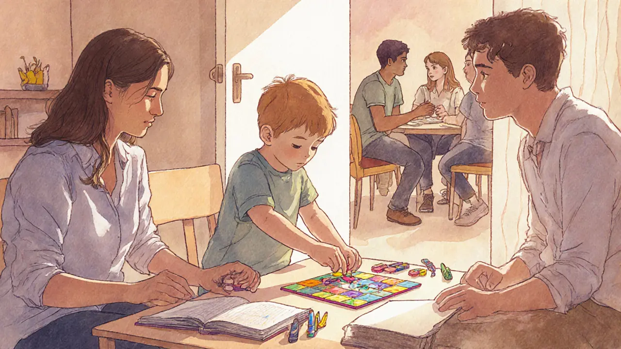 První terapeutické setkání – dítě hraje hru s terapeutem, rodiče sledují.