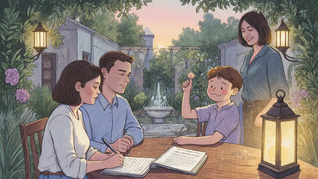 Rodinné podepsání souhlasu a vedení deníku v klidném zahradním prostředí.