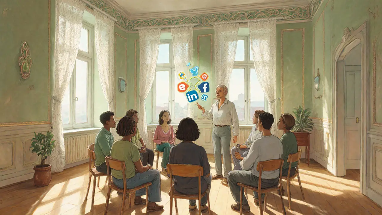 Skupinová terapie v klidné místnosti, pacienti a terapeut diskutují bez elektroniky.