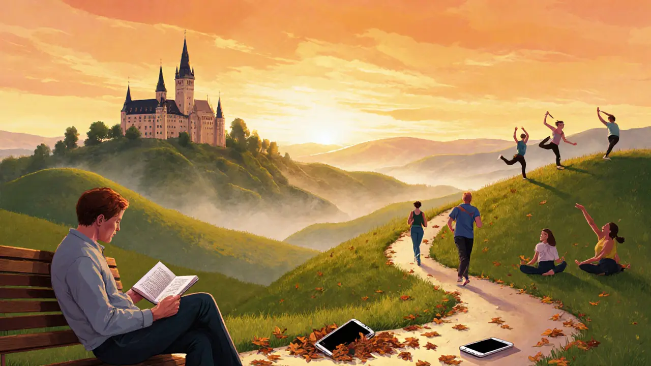 Šťastní lidé venku, čtoucí a sportující, telefon leží stranou, symbolizuje detox.