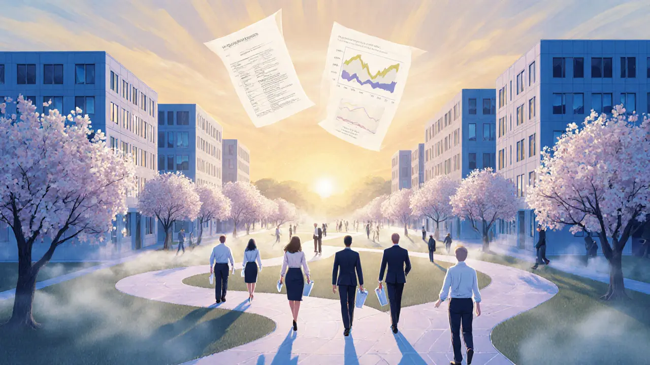 Budoucí firma v zahradě s rozkvétajícími stromy, reprezentující rozšíření psychoterapie jako benefitu.