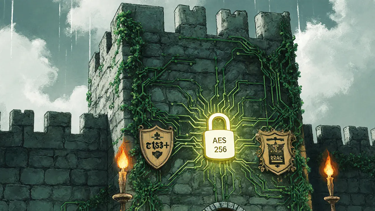 Digitální pevnost s AES‑256 zámkem, TLS štítem a symboly RBAC jako heraldické znaky.