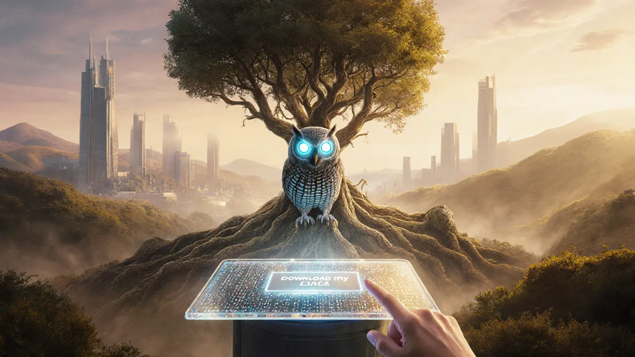 Futuristická scéna s AI sovou, blockchainovými kořeny a krystalovou tabulkou pro stažení dat.