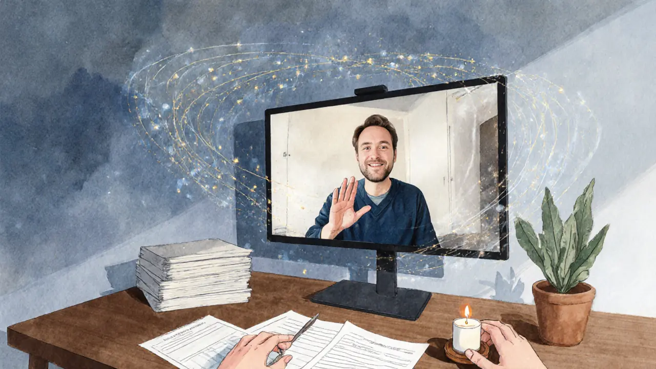 Hybridní terapeutické prostředí spojující digitální obrazovky, papírové materiály a klidnou atmosféru.