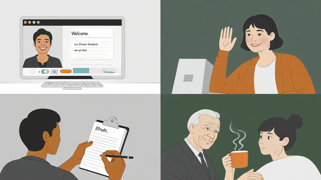 Porovnání fází sezení – přivítání, úvod, hlavní část a závěr – v online i osobní terapii.