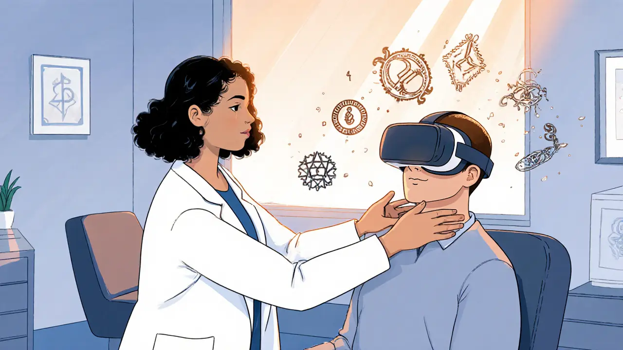 Terapeut pomáhá pacientovi s VR, symbolizujícím moderní psychoterapii.