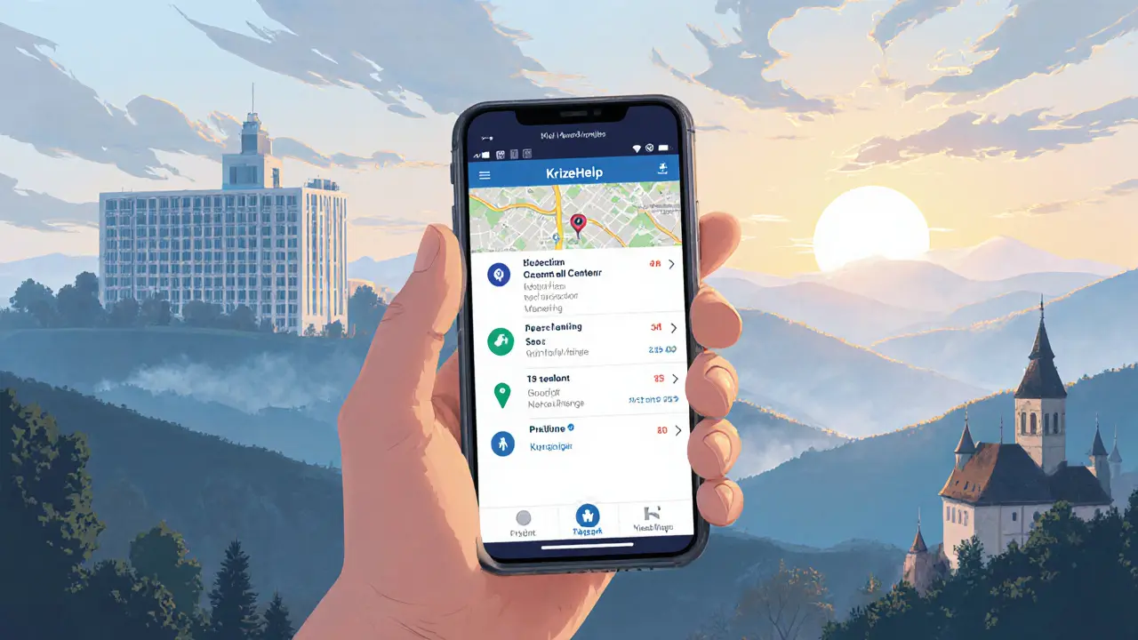 Budoucnost krizové pomoci: aplikace KrizeHelp, česká krajina a nemocnice v pozadí.