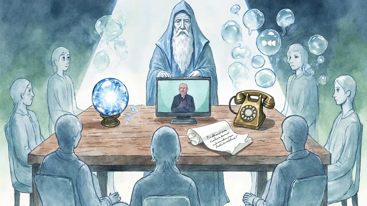 Čtyři komunikační kanály – video, telefon, e‑mail a chat – kolem skupiny sedmi lidí.