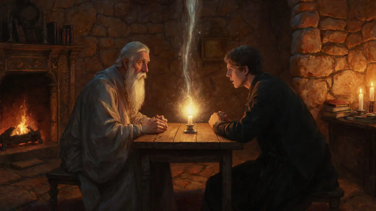 Dva lidé u stolu v kamenné místnosti, obklopeni teplým světlem.