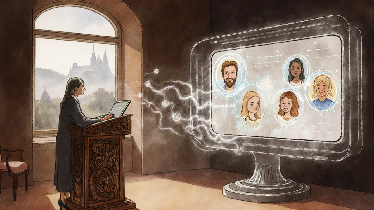 Hybridní terapie s AI analýzou emocí, šifrovací štítem a českou krajinou v pozadí.