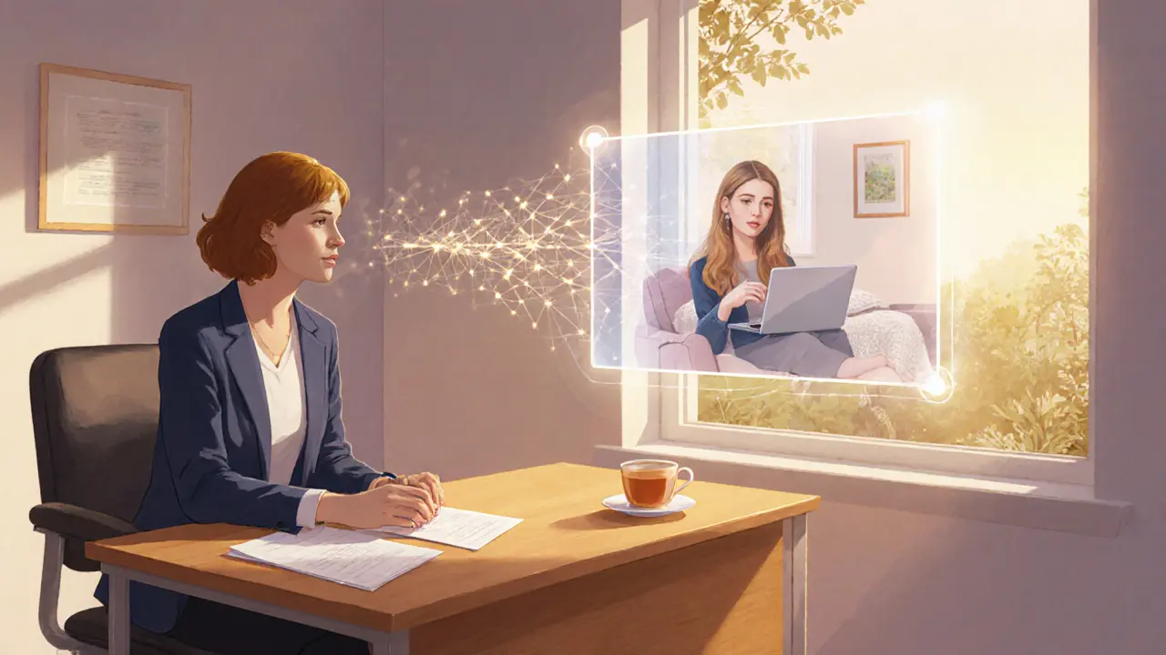 Hybridní terapie: terapeut v klinice a klient na obrazovce propojeni světlem.