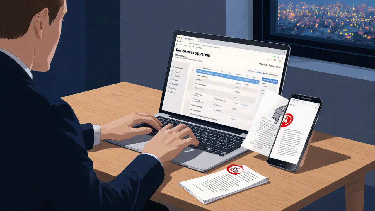 Klient doma s notebookem, telefonem a lékařským potvrzením.