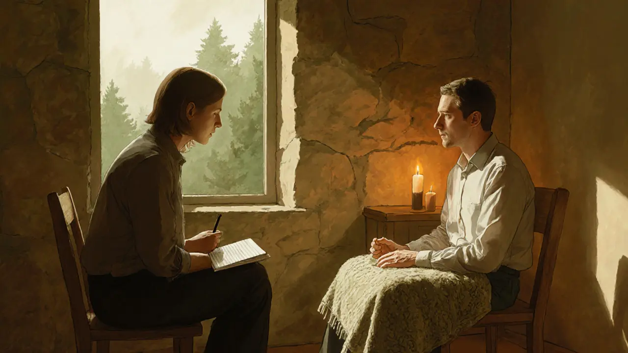 Krizový intervencionista a klient v klidné místnosti, provádějí techniku grounding.