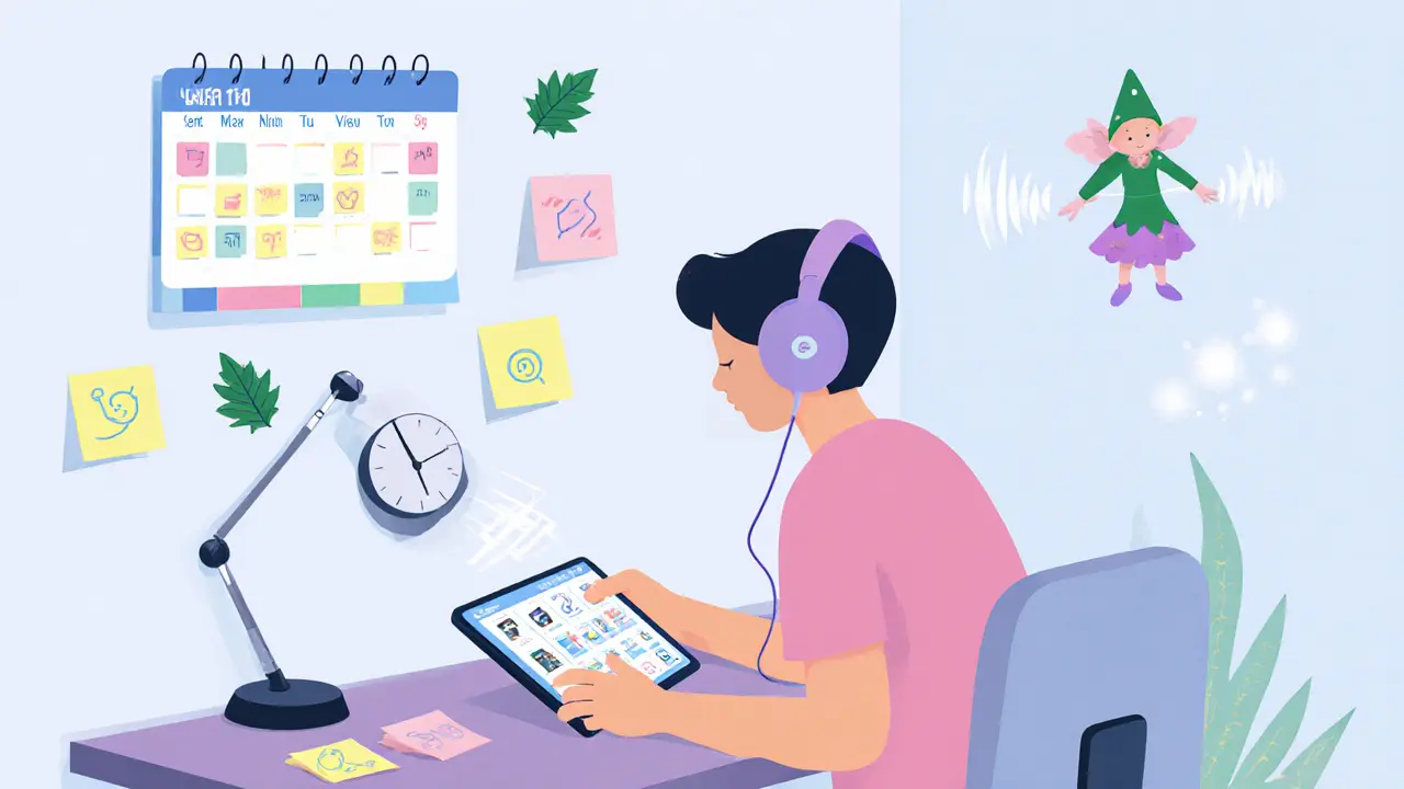 Pracovní stůl s barevným kalendářem, upozorněním a sluchátky, doprovázený postavou využívající kompenzační strategie.