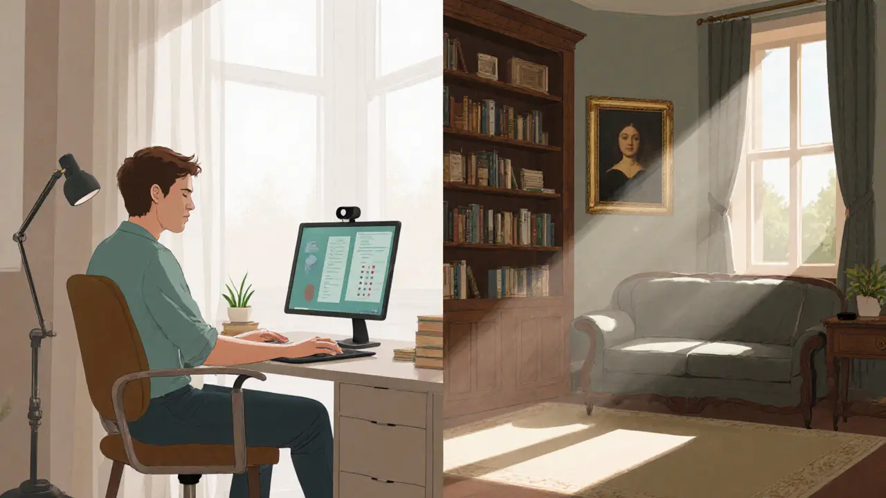 Rozdělený obraz ukazuje online sezení v domě i tradiční terapii v kanceláři.