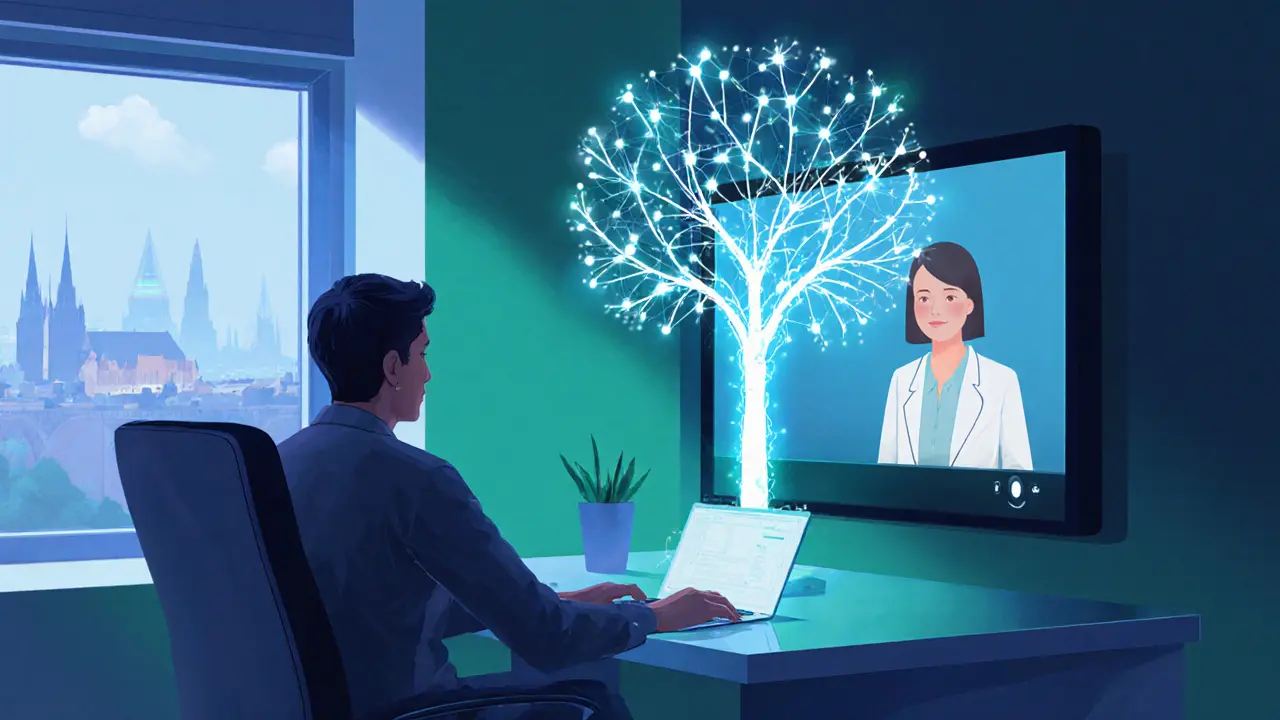 Terapeut a pacient ve virtuálním setkání, AI v podobě zářícího stromu upravuje tréninkové úkoly.