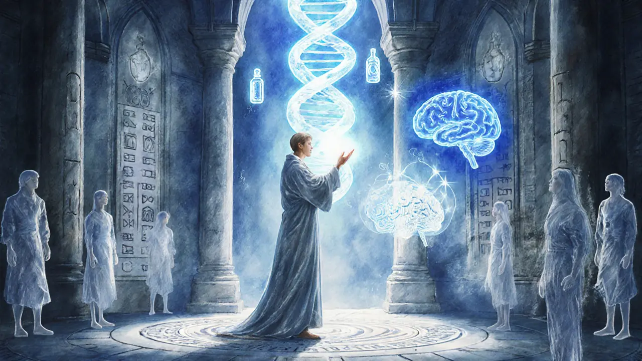 Budoucí klinika s levitujícím DNA helixem, mozkem a personalizovaným plánem léčby.