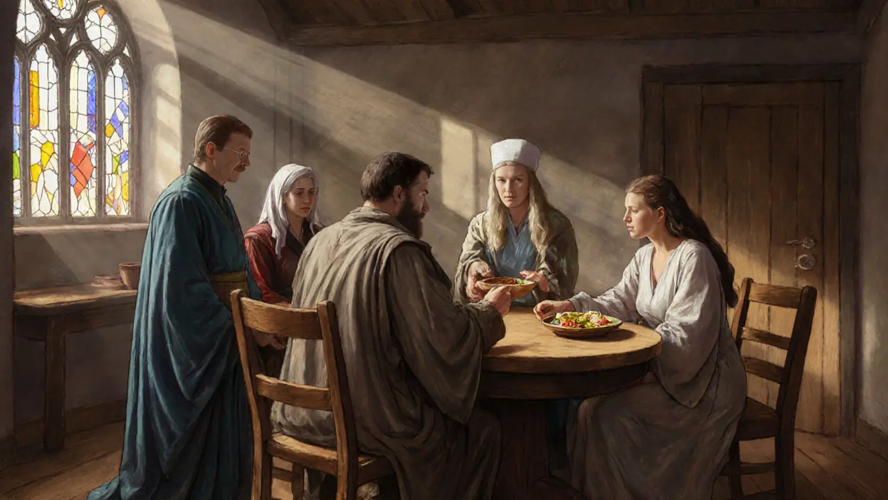 Multidisciplinární tým konzultuje léčbu v pokoji s jemnými nástěnnými dekoracemi.