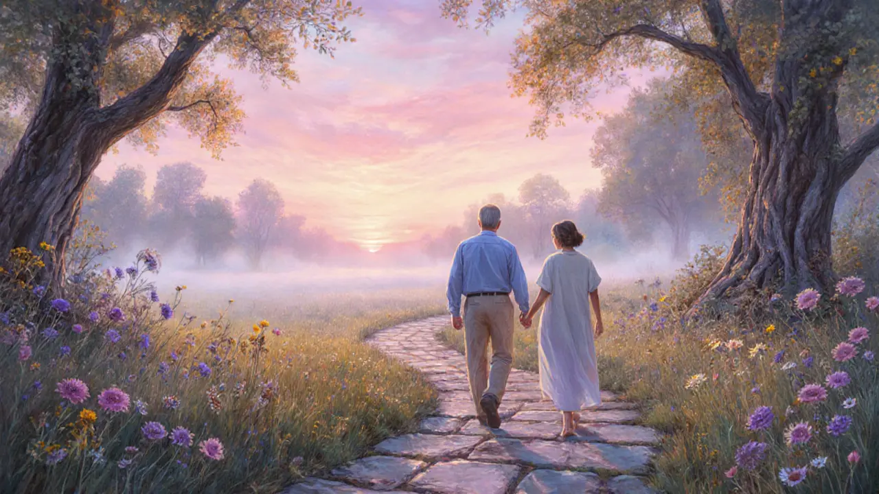 Pacientka a rodina kráčejí v zahradě při východu slunce, symbolizují uzdravení.