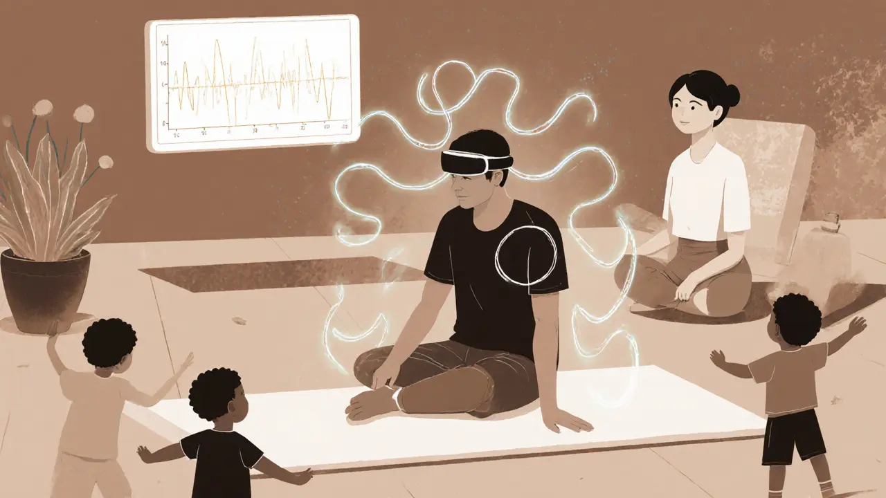 Sezení SE s biofeedback zařízením Muse, zobrazující vlny a děti hrající se v pozadí.