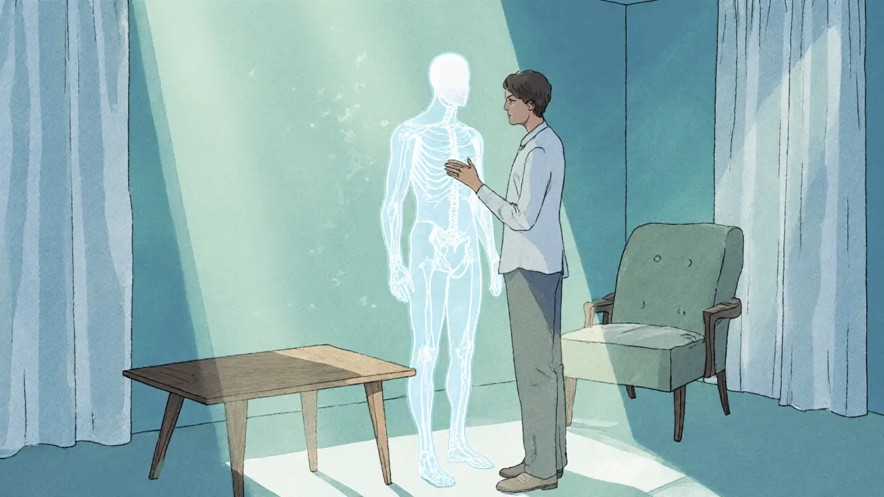 Terapeut provádí body scanning u klienta v klidném místě, s průhlednou siluetou a světelnými stopami.