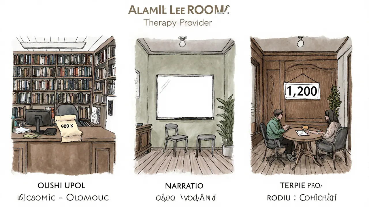 Tři různé terapeutické místnosti představují Olomouc, Vodňany a Prahu s cenovými štítky.