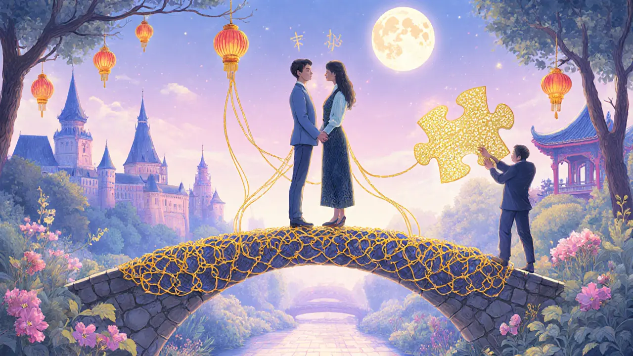 Čtyři terapeutické strategie zobrazené jako světelné nitě a most kultur.