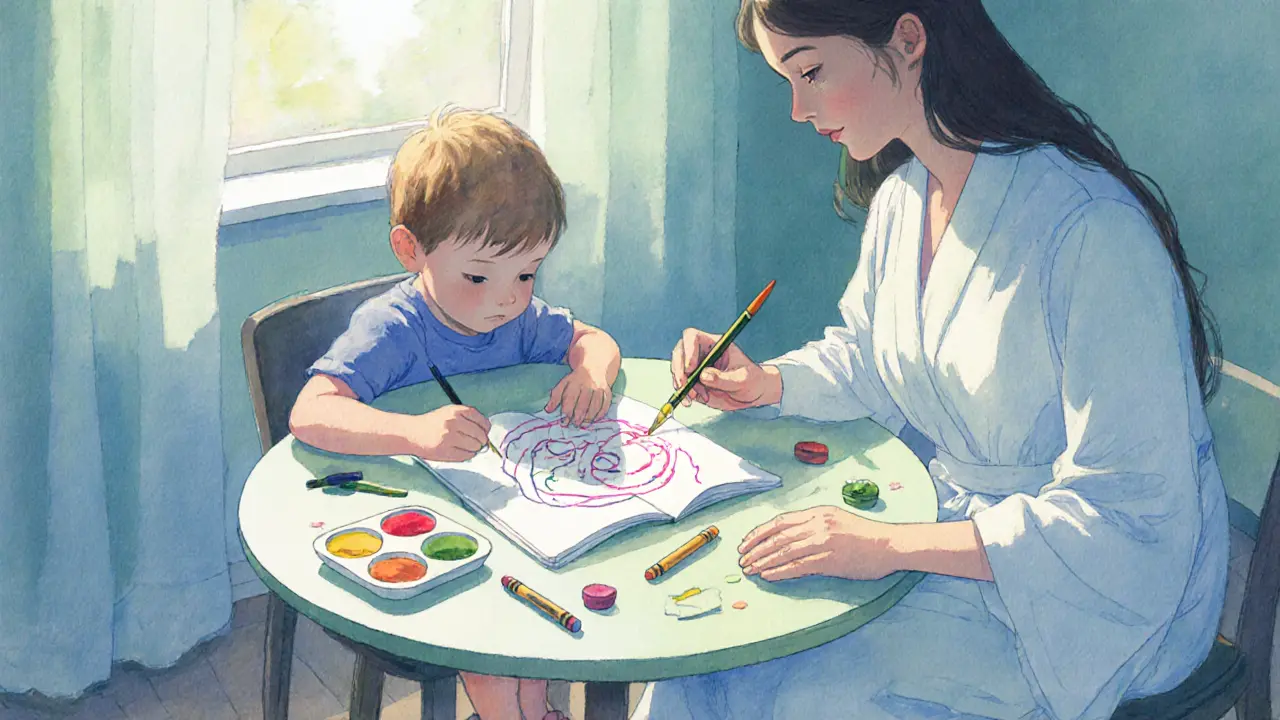 Dítě kreslí v terapeutické místnosti, vedle něj stojí terapeut s pastelovými barvami.