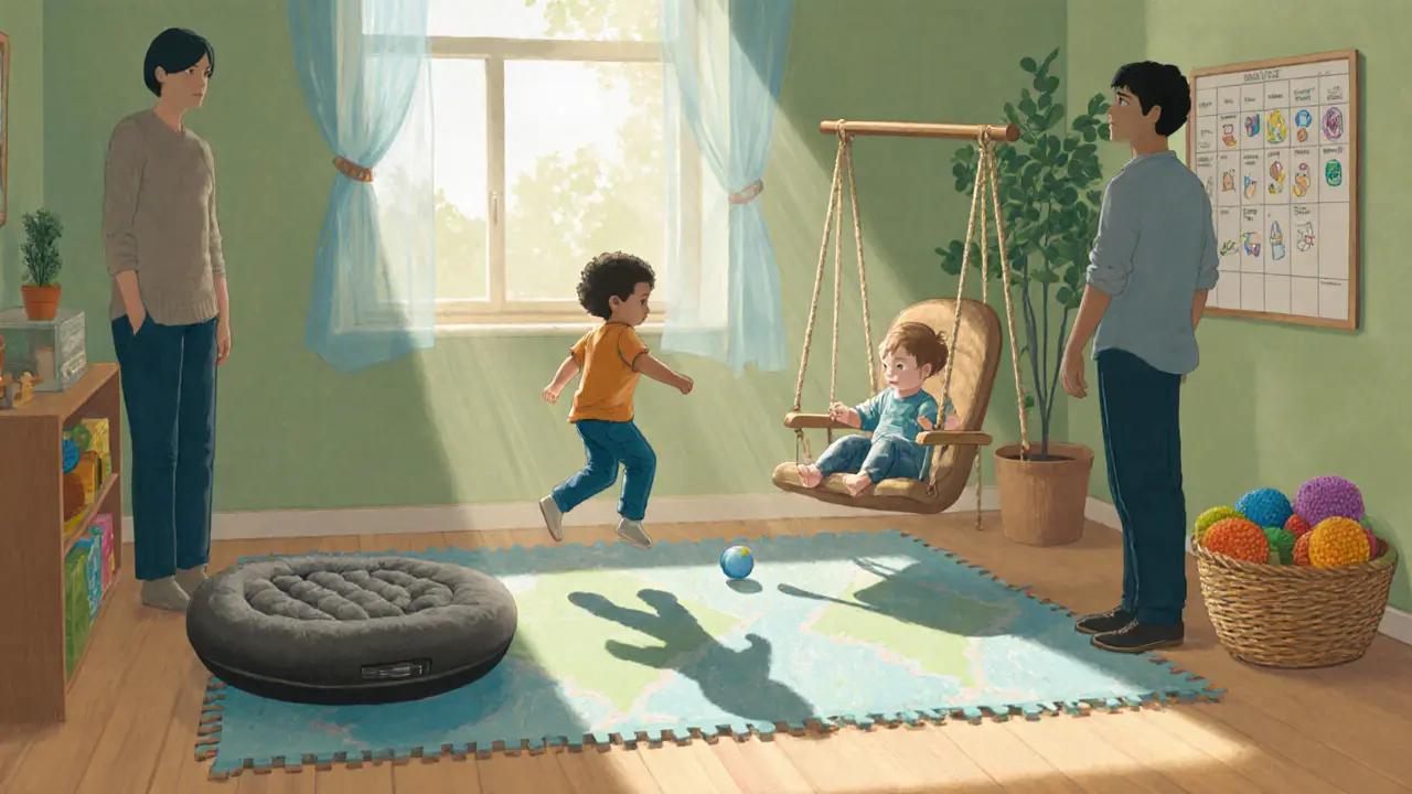 Domácí senzorická zóna s vibrační podložkou, houpacím křeslem, texturovanými hračkami a rozvrhem.