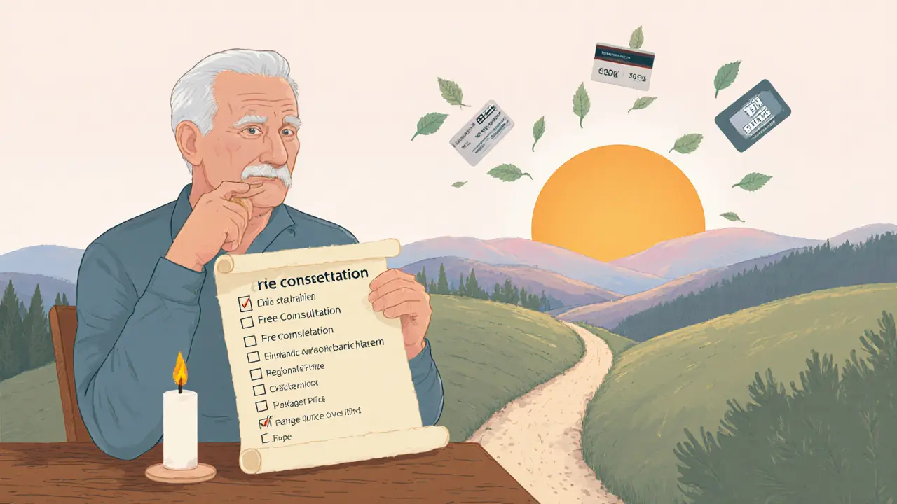 Klient u stolu s kontrolním seznamem, pojištěním a cestou vedoucí k východu slunce.