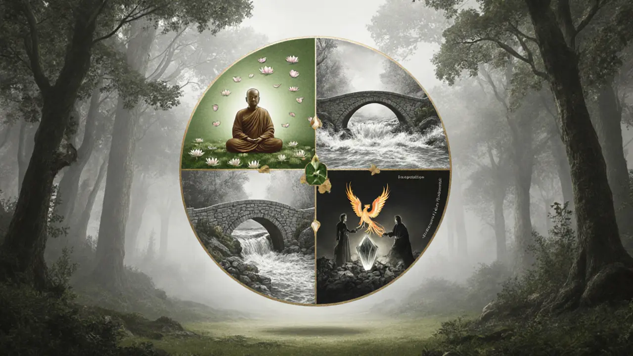 Kruhový mandala se čtyřmi částmi: meditace, most, fénix a výměna krystalu.