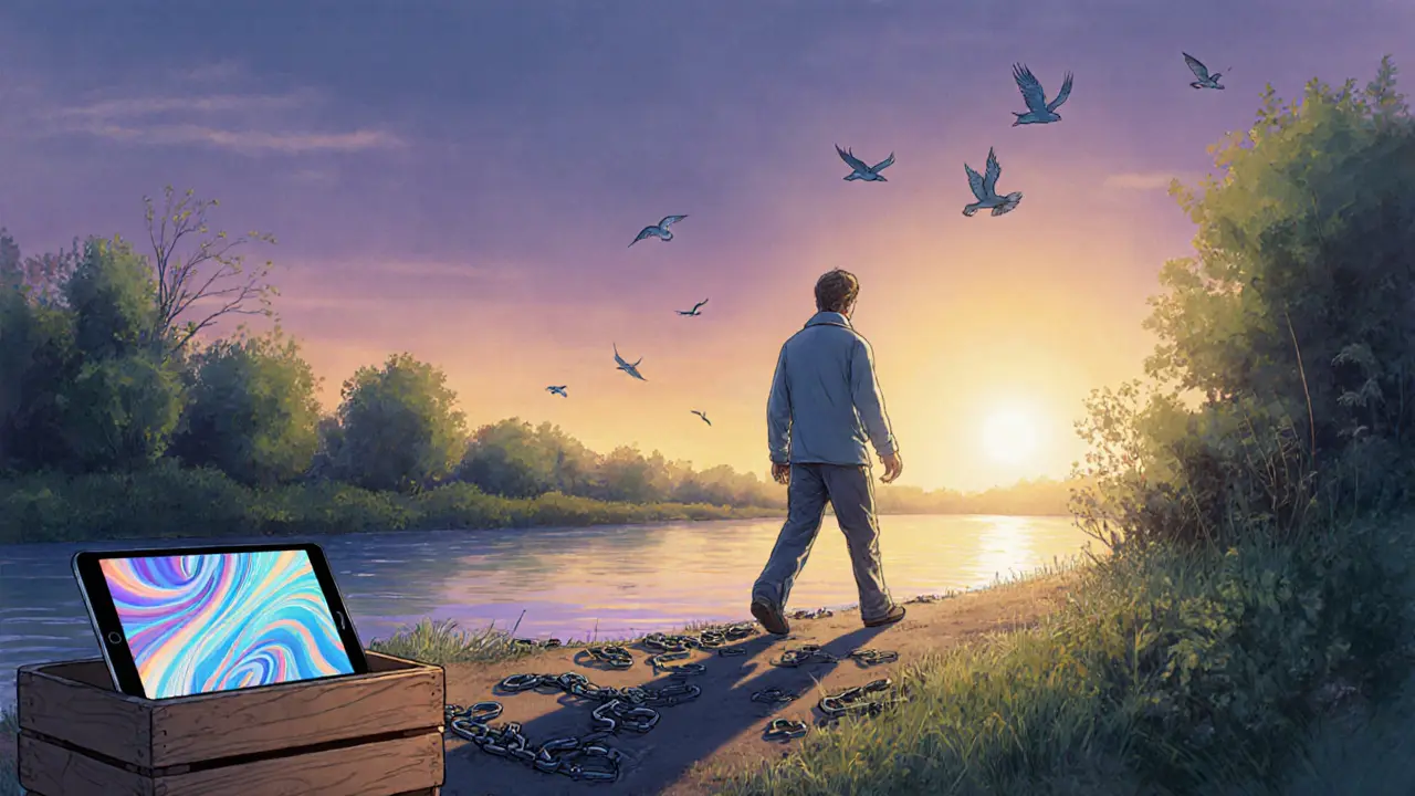 Osoba kráčející pod úsvitem podél řeky, za ní zůstávají rozbité řetězy, u ní svítí tablet s abstraktním motivem.