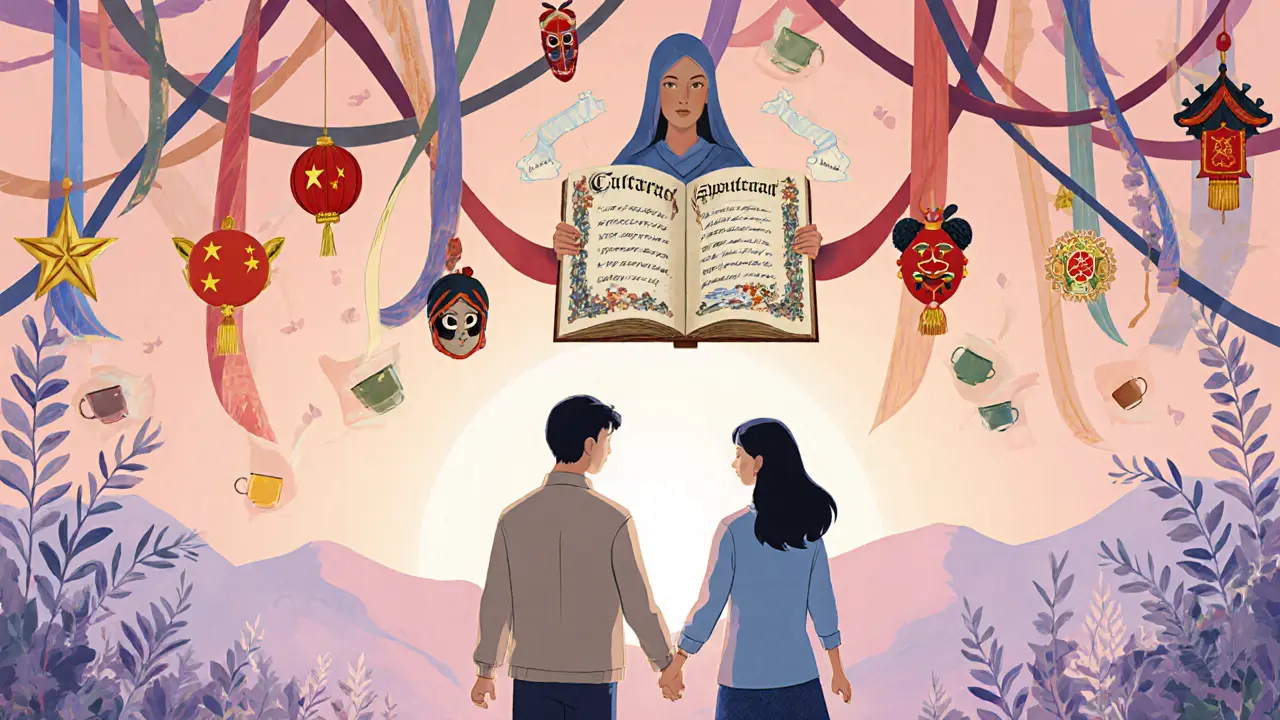 Pár pod závojem pásků s ikonami svátků, terapeuta drží otevřenou knihu.