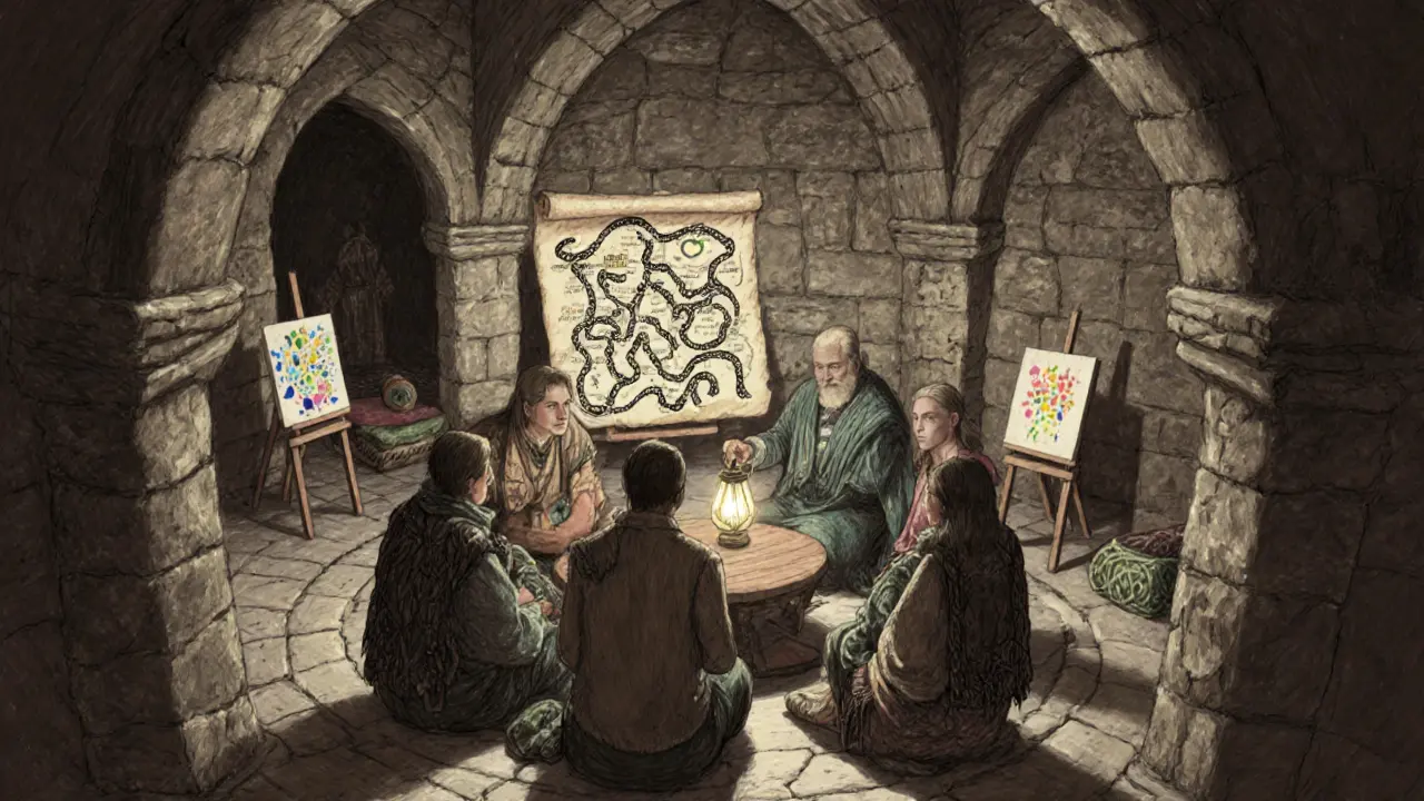 Skupinová terapie v kamenné síni, terapeut s lucernou ukazuje mapu myšlenek, kolem jsou nástroje arteterapie a relaxace.