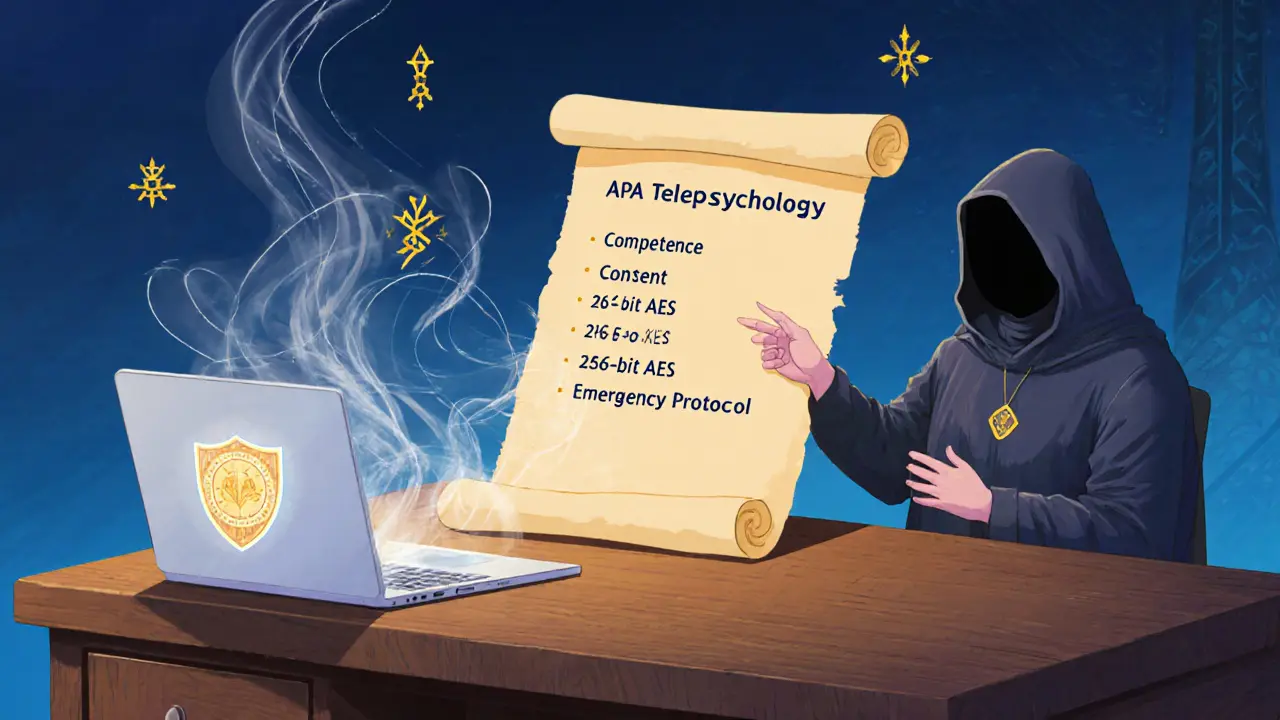 Stůl s otevřeným svitkem pravidel APA, laptopem s šifrovanými daty a postavou terapeuta.