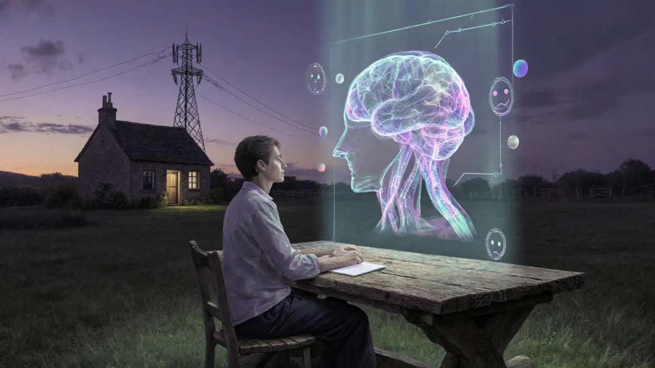 Terapeut u holografické AI, za ním venkovská chata a věž, vyzařující futuristické světlo.