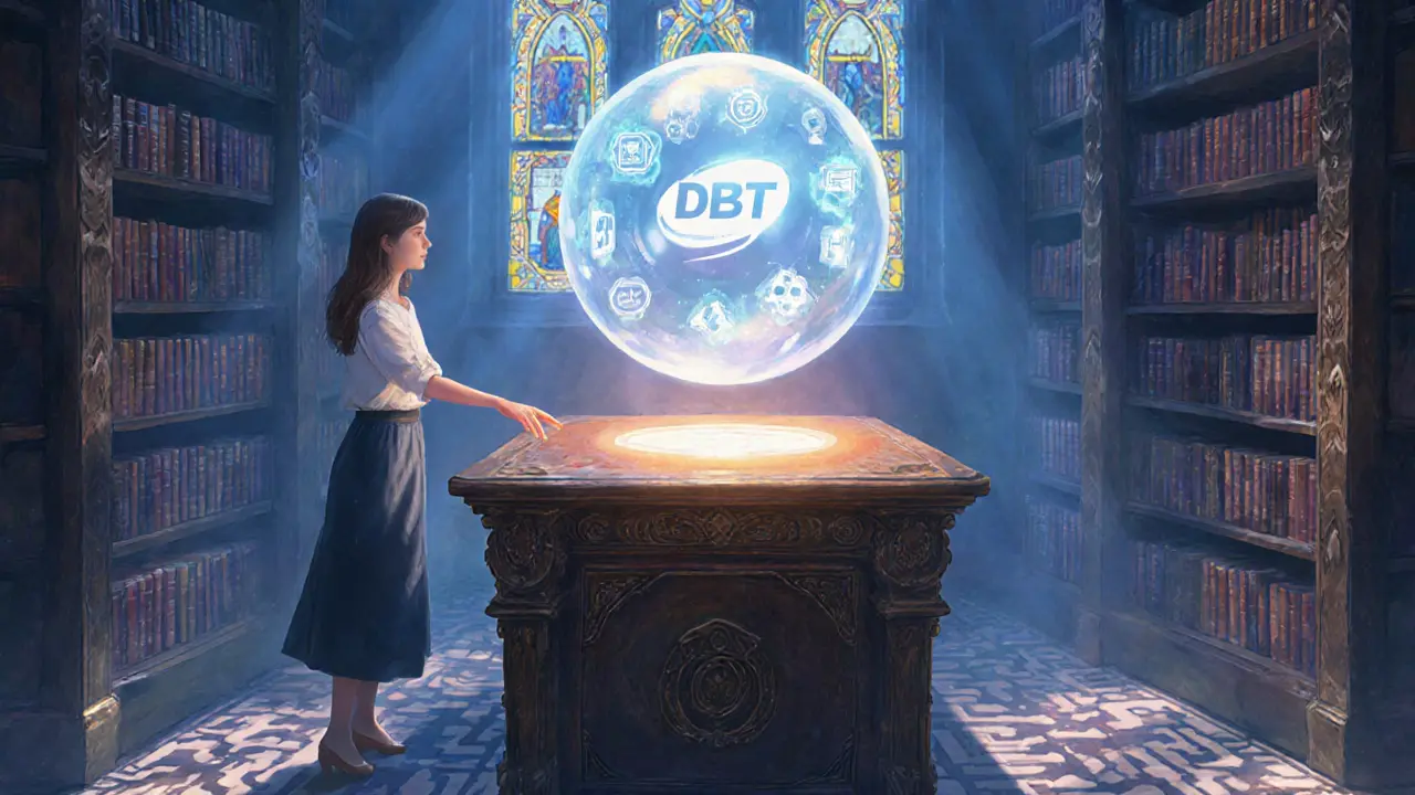 Žena sahá k levitujícímu krystalovému orb, který zobrazuje digitální DBT platformu.