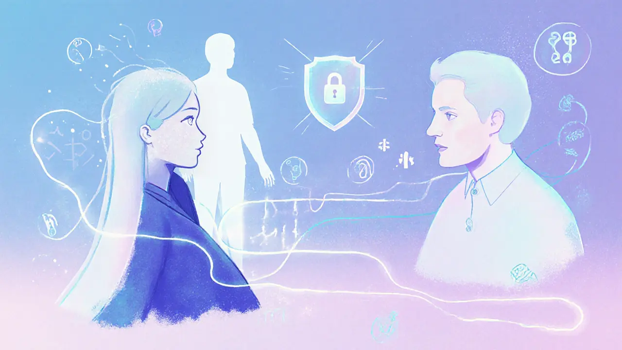 Budoucnost teleterapie, postavy propojené světelným vláknem, AI a šifrovací symboly.