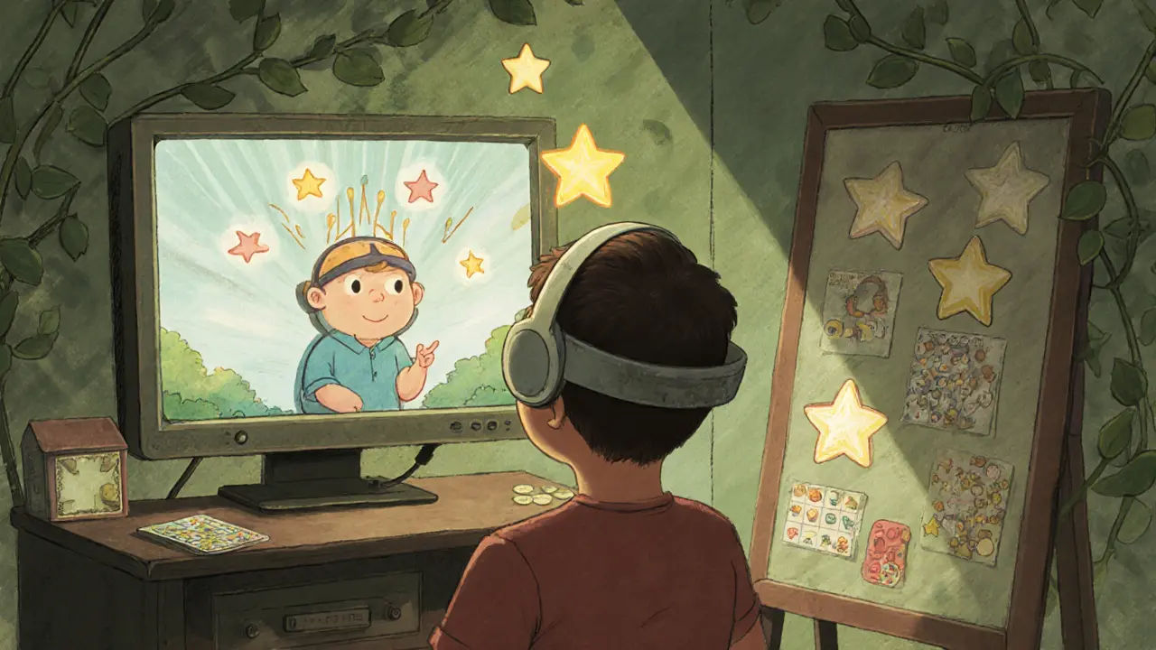 Dítě s EEG headsetem hraje hru, získává zlaté hvězdy na obrazovce.