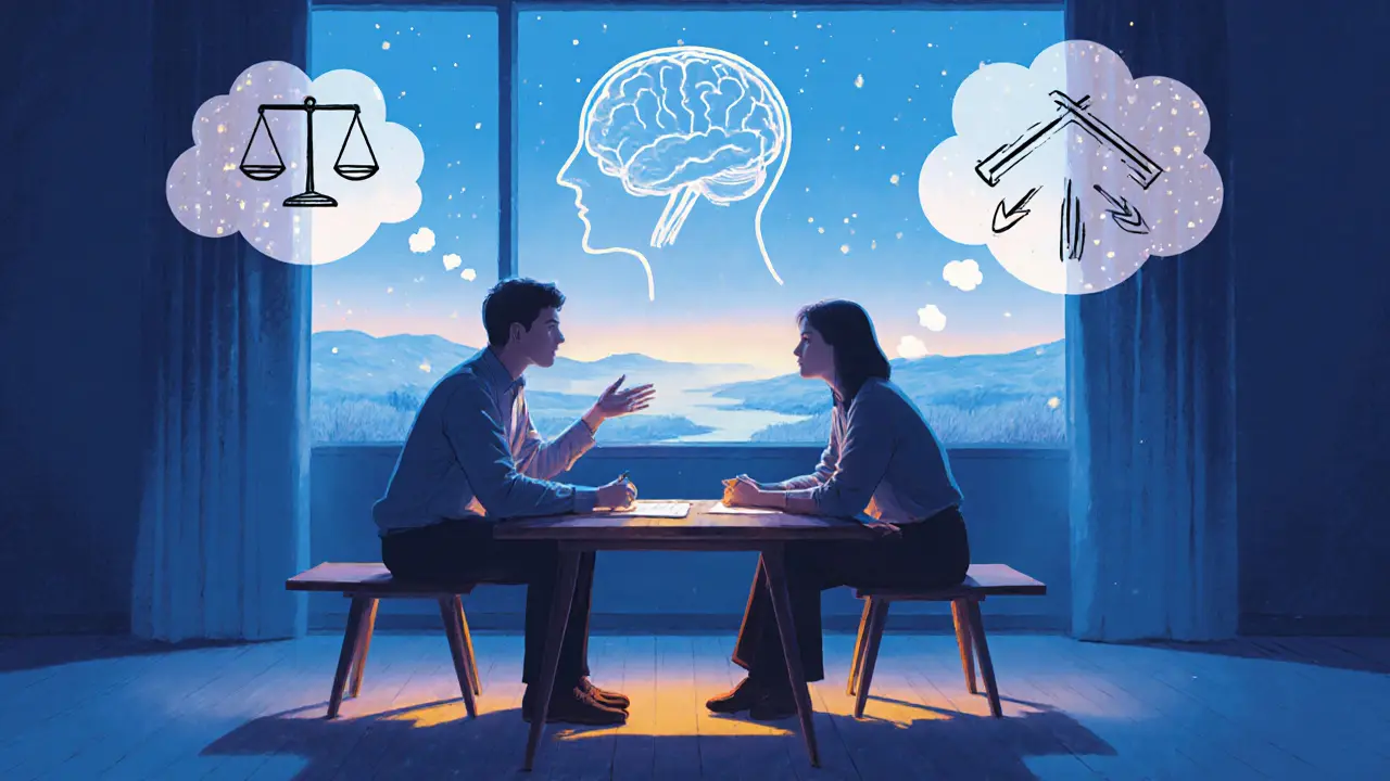 Motivační rozhovor u dřevěného stolu, kolem nich plují myšlenkové bubliny a světélkující částice představující dopamin.