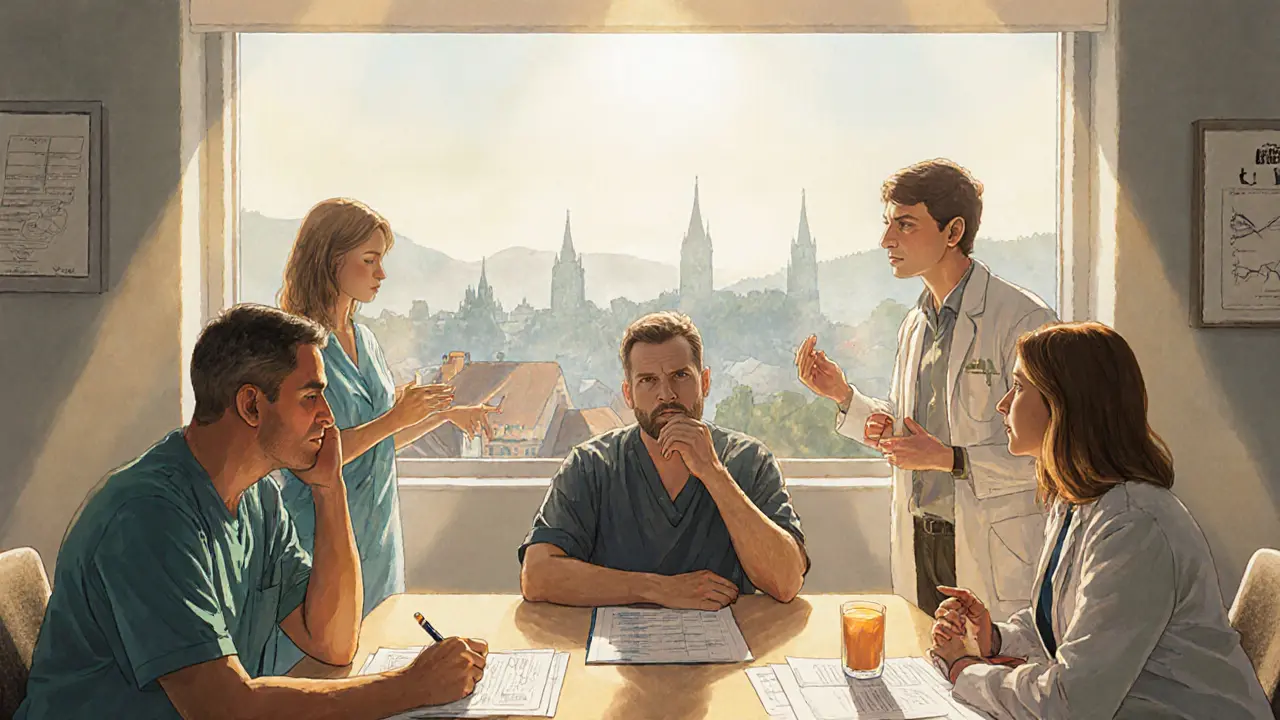 Multidisciplinární tým (psychiatr, výživový poradce, fyzioterapeut) diskutuje péči o muže v nadějném prostředí.