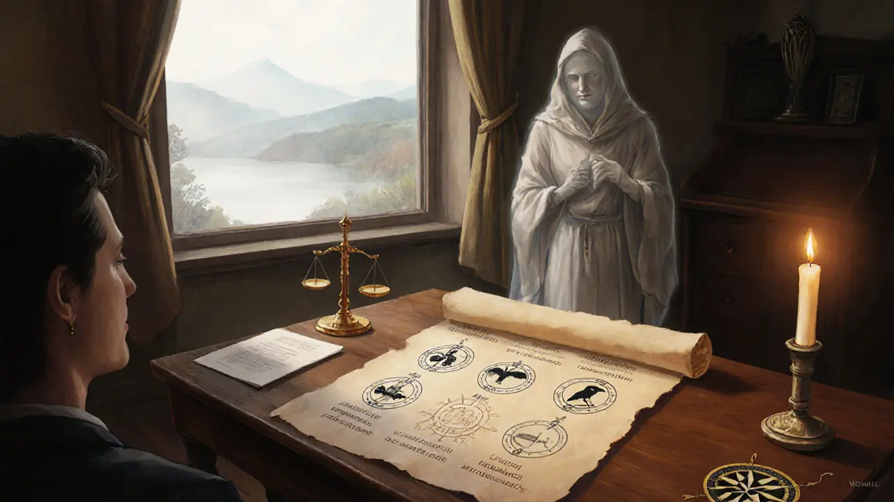 Osoba u dřevěného stolu s otevřeným svitkem, svíčkou a průhledným terapeutem, zobrazující pět kroků.