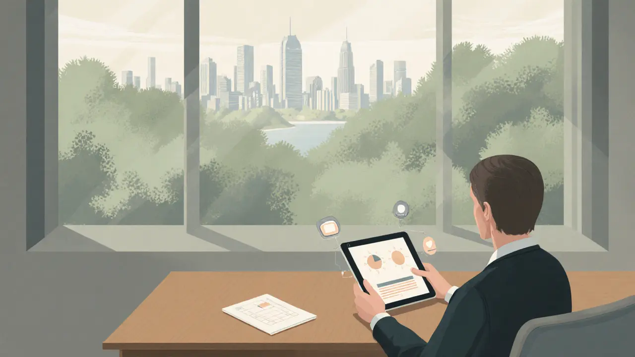 Pacient s tabletem v místnosti, kde se prolíná les a městská krajina, zobrazující hybridní model.