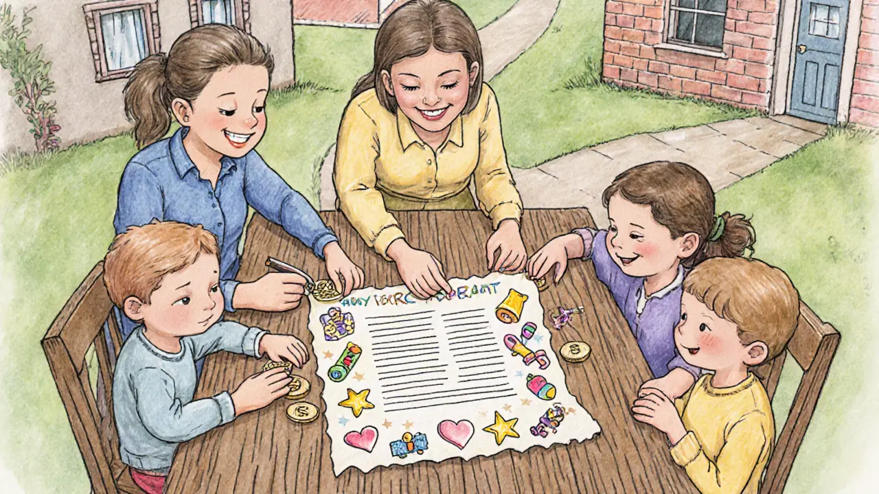 Rodina a učitel podepisují barevný kontrakt, děti přidávají tokeny.