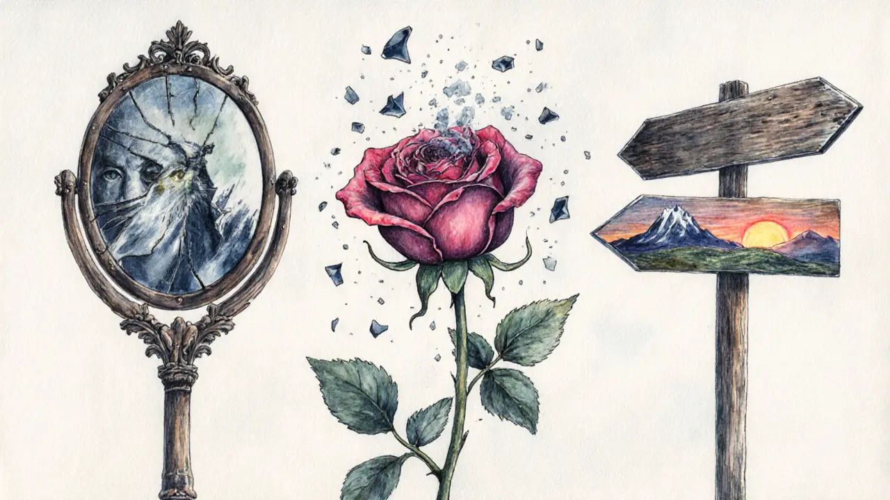 Roztřesený růže, rozbitý zrcadlo a rozdělené cedule symbolizují varovné signály vztahu.