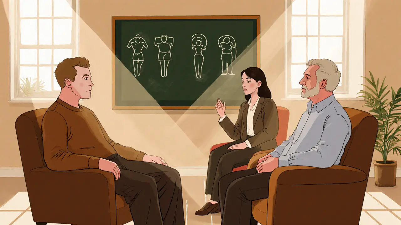 Skupinová terapie se dvěma muži a terapeutkou v osvětlené místnosti, pocit podpory a sounáležitosti.