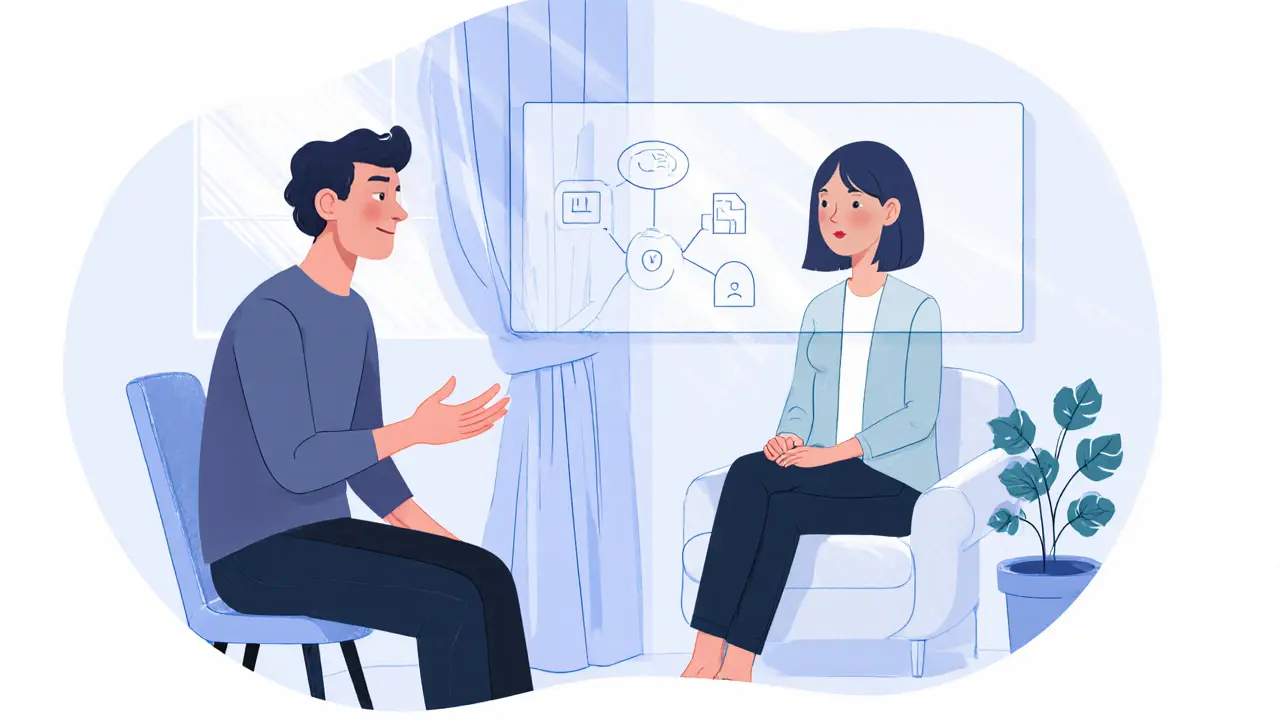 Terapeut a klient během online sezení, sdílení diagramu, klidná soukromá místnost.